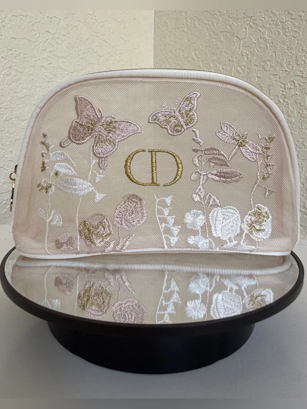 Dior Embroidered Butterfly Cosmetic Pouch - Cream & Gold and Gift Bag GWP